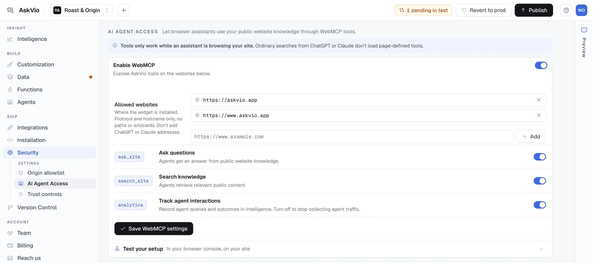 AskVio Security settings, AI Agent Access: WebMCP enabled for askvio.app with ask_site, search_site and agent tracking switched on
